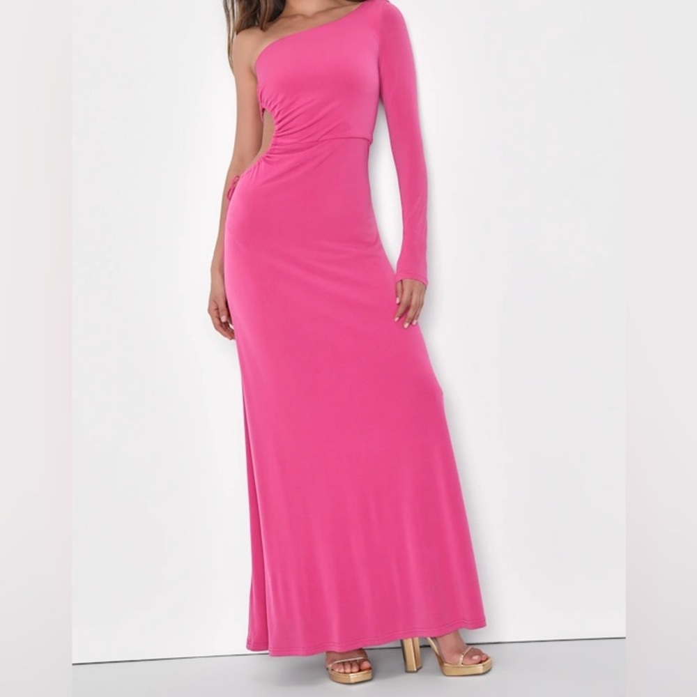 💕 Lulus Hot Pink One-Shoulder Cutout Gown – Size M